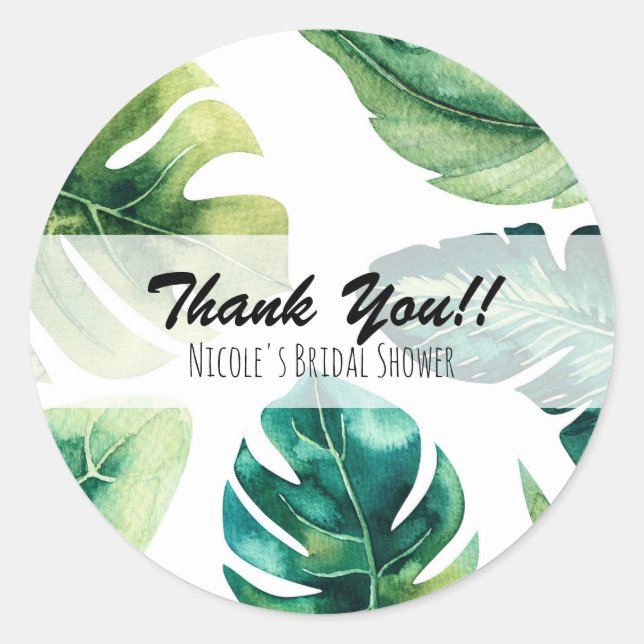 Sticker Rond Green Tropical Feuilles Blanc Elégant Mariage Fave (Devant)