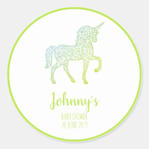 Sticker Rond Green Unicorn baby shower partie Merci Propre text
