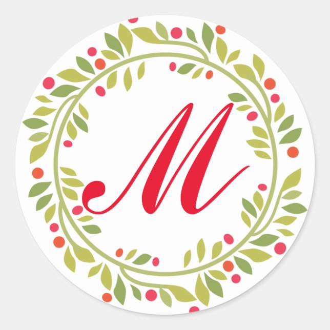 Sticker Rond Green Wreath Red Monogram Holiday (Devant)