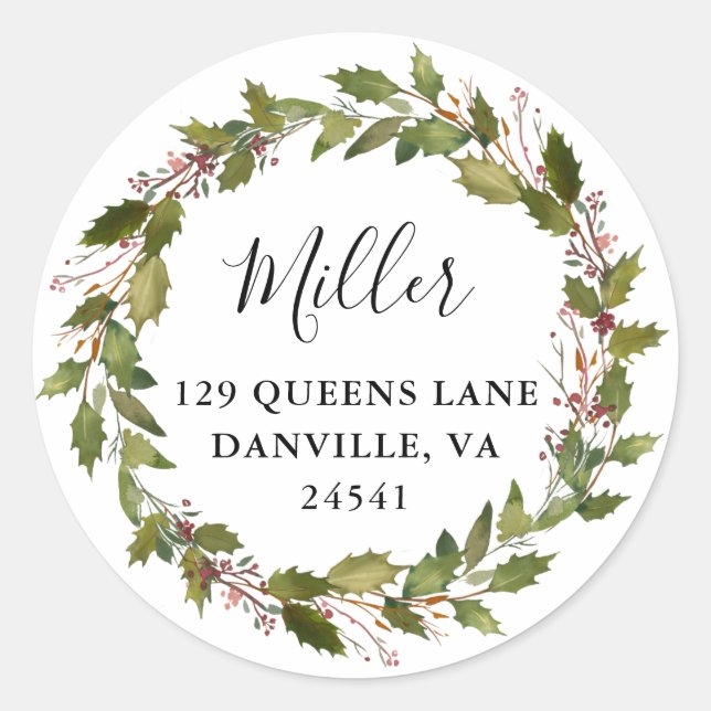Sticker Rond Greenery Holly Wreath Adresse de retour (Devant)