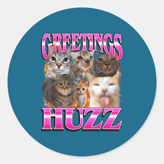 Sticker Rond Greetings Huzz Funny Cat Meme Bootleg Graphic Men  (Devant)