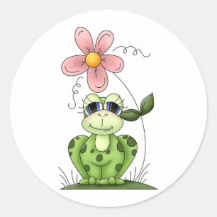 Sticker Rond grenouille à fleur rose