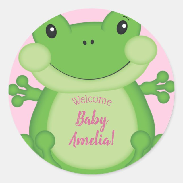 Sticker Rond Grenouille Baby shower Rose fille (Devant)