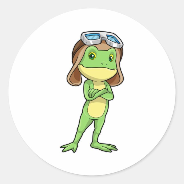 Sticker Rond Grenouille comme pilote avec Casquette et lunettes (Devant)