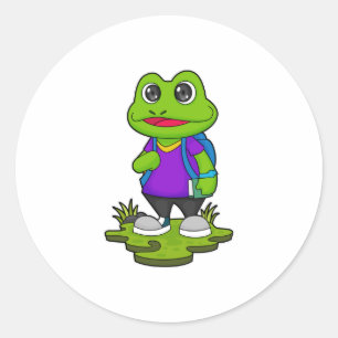 Sticker Rond Grenouille comme randonneur avec sac à dos