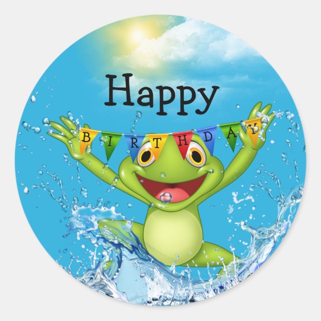Sticker Rond Grenouille d'anniversaire qui saute hors de l'eau (Devant)