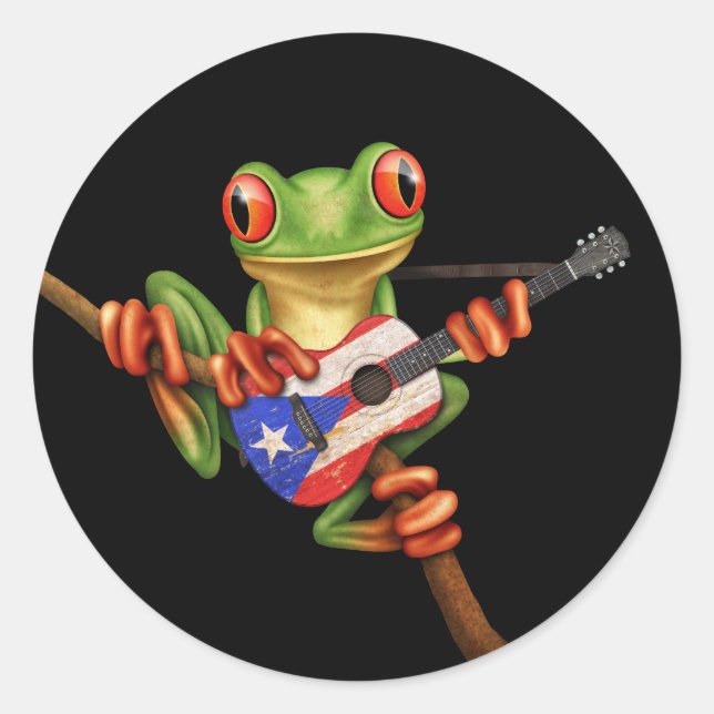 Sticker Rond Grenouille d'arbre jouant le noir de guitare de (Devant)