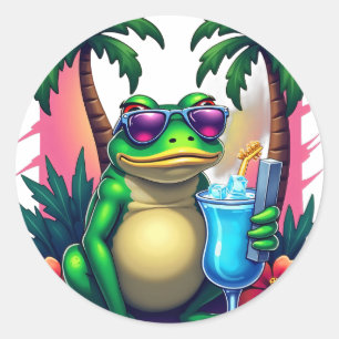 Sticker Rond Grenouille Grincheuse Y2K Vaporwave Tropical Rétro