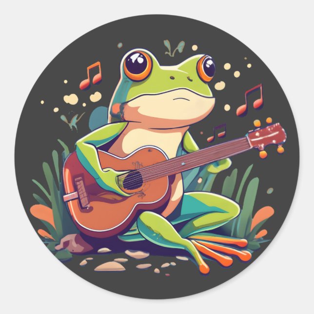 Sticker Rond Grenouille Jouée avec Banjo - Cute Musical Amphibi (Devant)