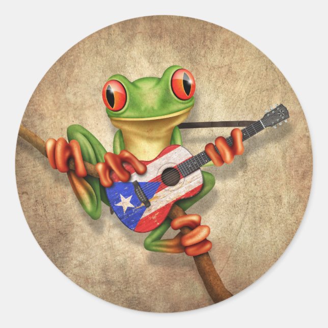 Sticker Rond Grenouille Jouer Porto Rico Drapeau Guitare (Devant)