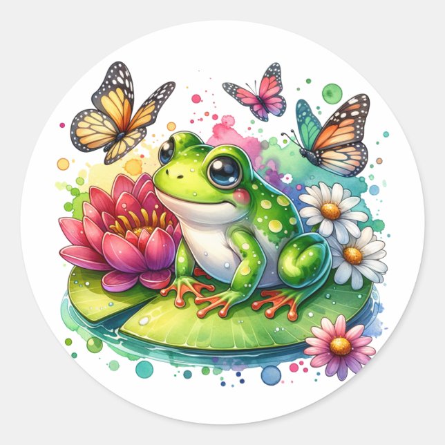 Sticker Rond Grenouille mignonne sur Lily Pad avec Fleurs et Pa (Devant)