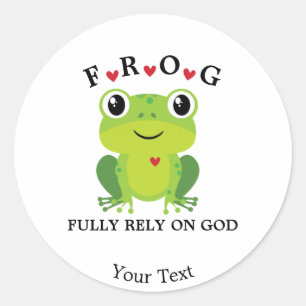 Sticker Rond Grenouille pleinement confiance en Dieu Coeurs rou