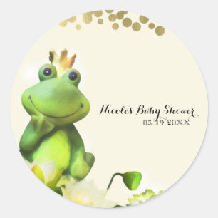 Sticker Rond Grenouille Prince Vert & Baby shower Or Personnali