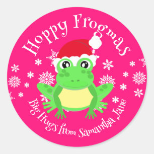 Sticker Rond Grenouille rose de Noël Santa Hat mignonne caricat