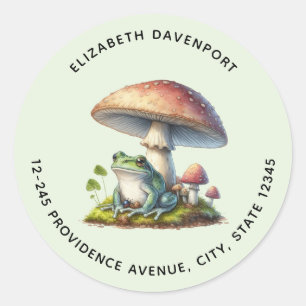 Sticker Rond Grenouille sous un champignon Adresse de la nature