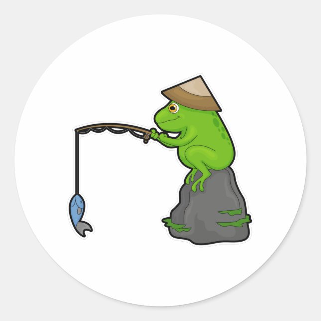 Sticker Rond Grenouille sur pierre à la pêche avec bâtonnet de  (Devant)