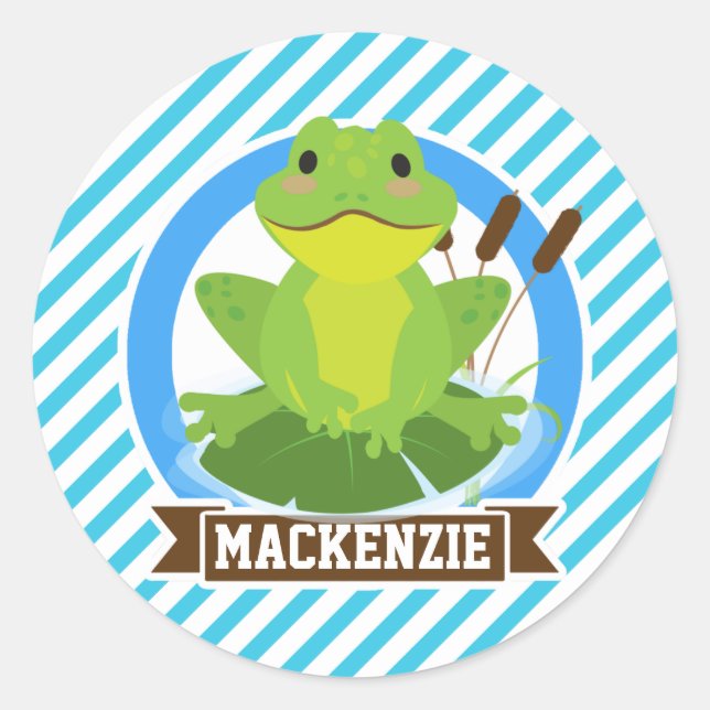 Sticker Rond Grenouille verte sur Lilypad; Grandes Bleues et Bl (Devant)