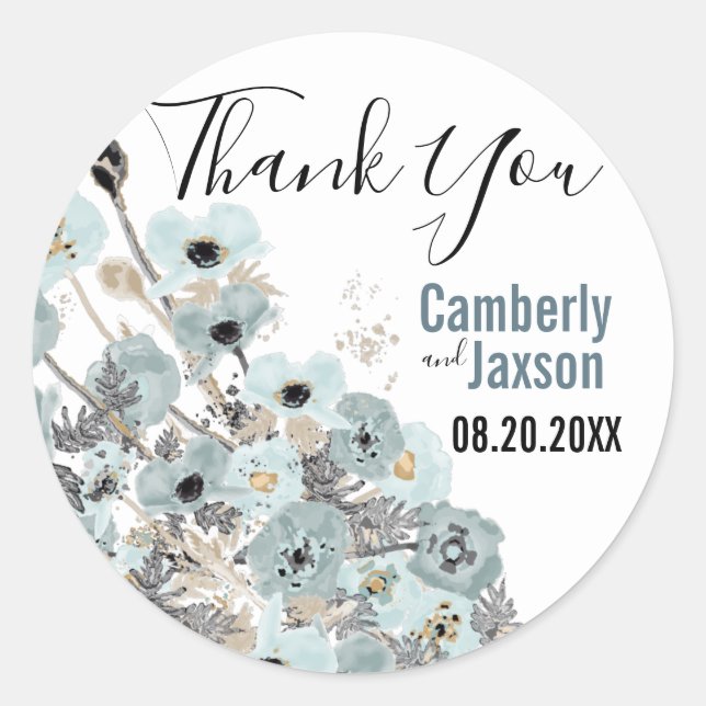 Sticker Rond Gris à l'Aquarelle Bleue Mariage Populations Flora (Devant)