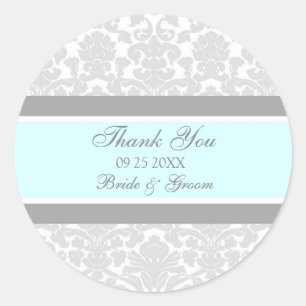 Sticker Rond Gris Bleu Damas Merci Mariage Faveur Tags