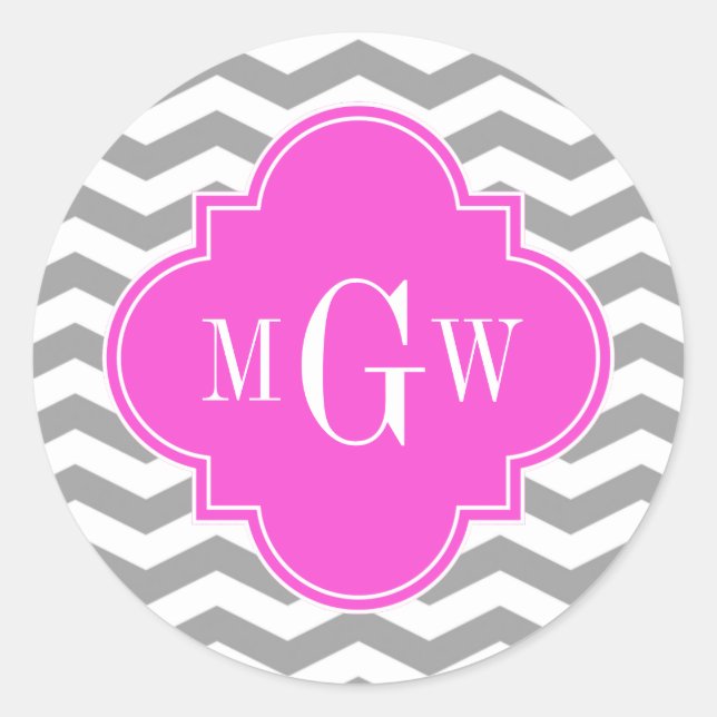 Sticker Rond Gris Chevron Rose Chaud Quatrefoil 3 Monogramme Tn (Devant)