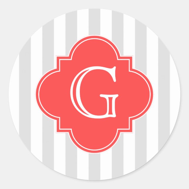 Sticker Rond Gris clair Gris Blanc rayures Corail Rouge Monogra (Devant)