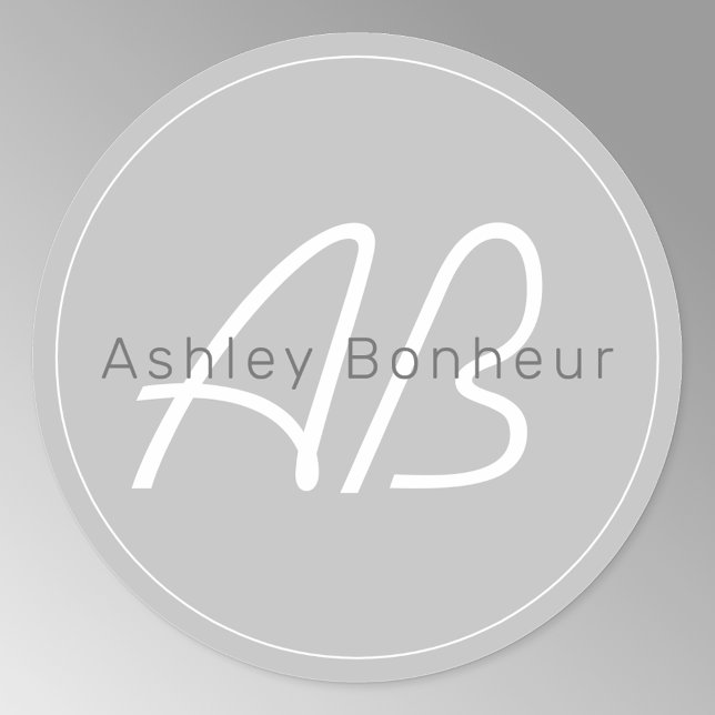 Sticker Rond Gris et blanc modernes | Nom et monogramme du Cool (Créateur téléchargé)