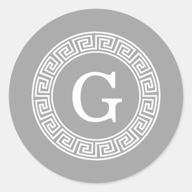 Sticker Rond Gris foncé blanc clé grecque cadre Rnd initial Mon (Devant)