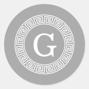 Sticker Rond Gris foncé blanc clé grecque cadre Rnd initial Mon