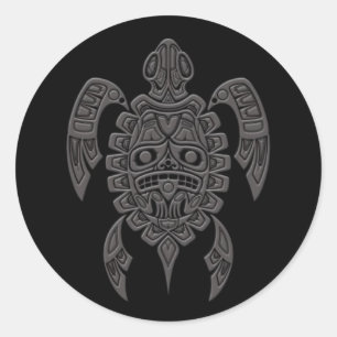 Sticker Rond Gris Haida Spirit Tortue marine sur Noir