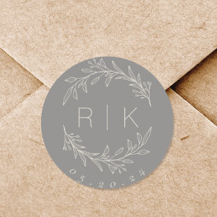 Sticker Rond Gris Line Art Botanique Wreath Mariage Monogramme