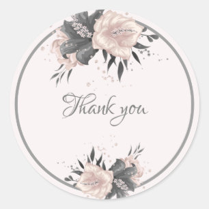Sticker Rond gris rose poussiéreux fleurs tropicales merci