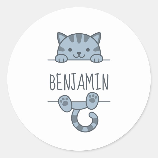 Sticker Rond Gris Tabby Chat Pékin derrière Nom personnalisé (Devant)