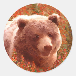 Sticker Rond Grizzly Bear Cub dans Fireweed Peinture Art de la