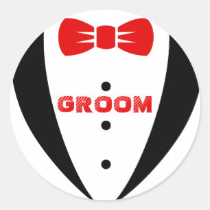 Sticker Rond Groom Tex-Black Tuxedo & Red Bowtie