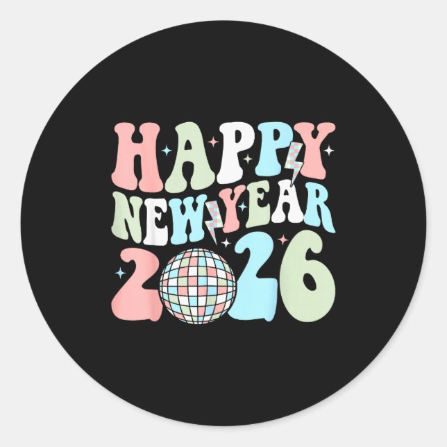 Sticker Rond Groovy Happy New Year 2026 Party Cute New Years Ev (Devant)