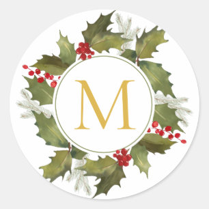 Sticker Rond Gros Monogramme de Noël Vintage Holly Wreath