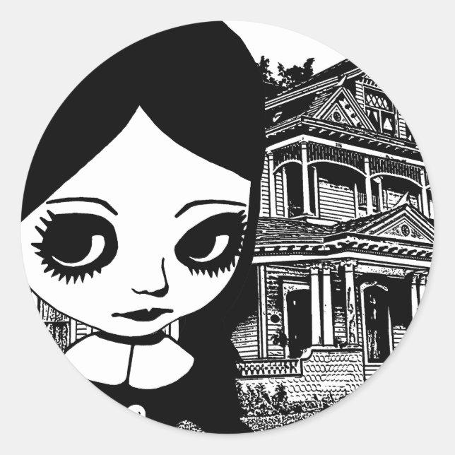 Sticker Rond Gros oeil Goth girl Maison hantée Art original (Devant)