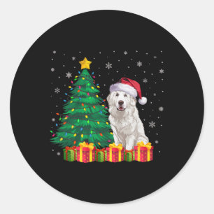 Sticker Rond Gros Pyrénées Santa Hat Noël Lumières Chien