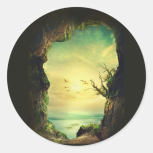 Sticker Rond Grotte surplombant une mer tropicale Photo Pittore