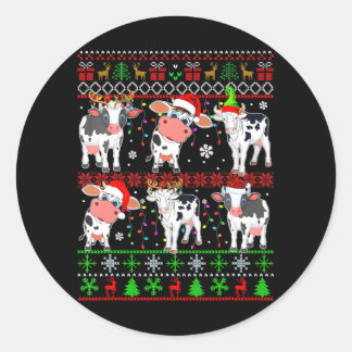 Sticker Rond Groupe Père Noël Reindeer Elf Cows Xmas Farm Cute