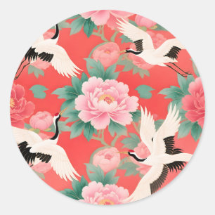 Sticker Rond Grues japonaises pivoines rouge élégance chinoise