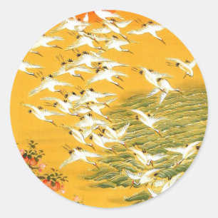 Sticker Rond Grues japonaises vintages au coucher du soleil