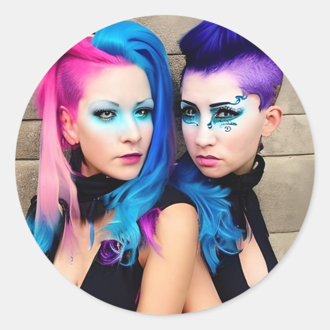 Sticker Rond Grunge Goth Amour lesbien | Couple AI Art (Devant)
