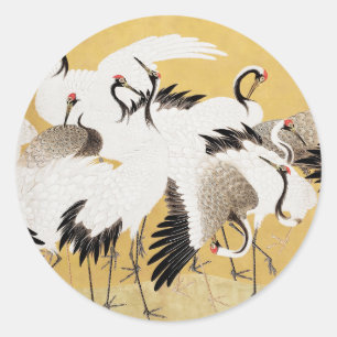 Sticker Rond Grupe de grues japonaises Vintage Oiseau Riche Cla