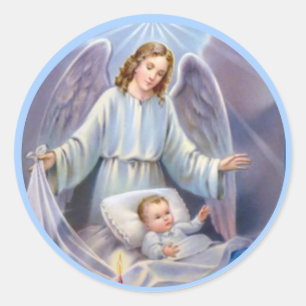 Sticker Rond Guardian Ange garçon bébé bougie cieux bleu