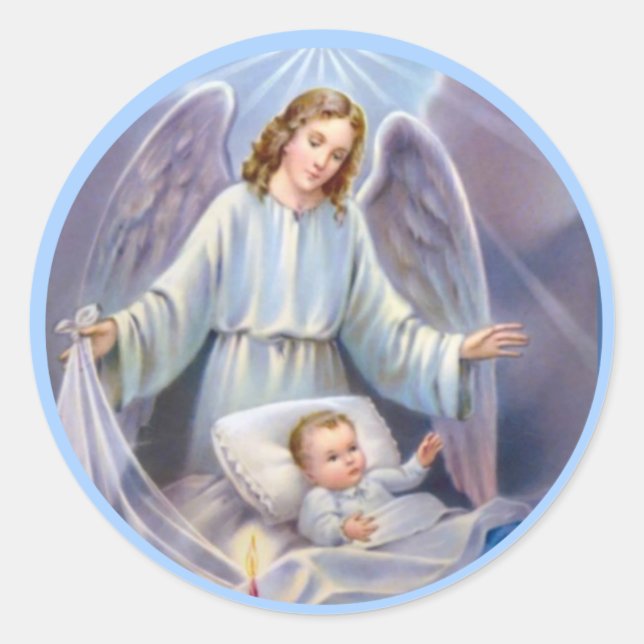 Sticker Rond Guardian Ange garçon bébé bougie cieux bleu (Devant)