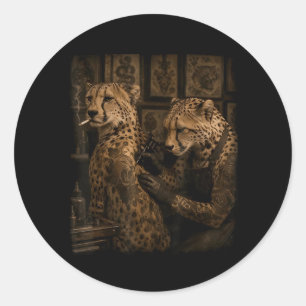 Sticker Rond Guépard Rétro Fumant Artiste Tatoué Drôle Sauvage