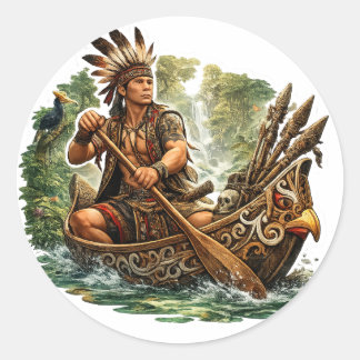 STICKER ROND GUERRIER DAYAK DANS UNE CANOË TRIBALE DE BORNÉO