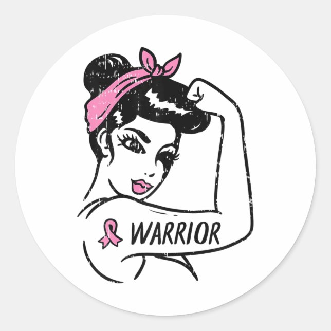 Sticker Rond Guerrière du cancer du sein Rosie Riveter Femmes r (Devant)