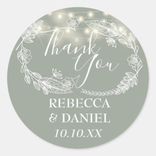Sticker Rond Guirlande de lumières vert sauge Floral Merci